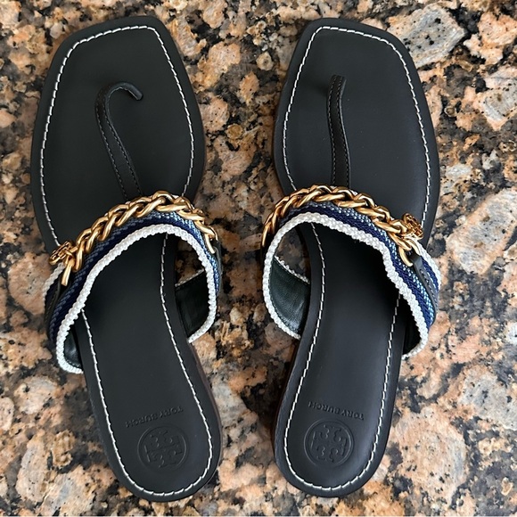 Tory Burch Mini Benton Gold Chain Band Sandal Poblano Green Blue Yonder - Picture 4 of 9